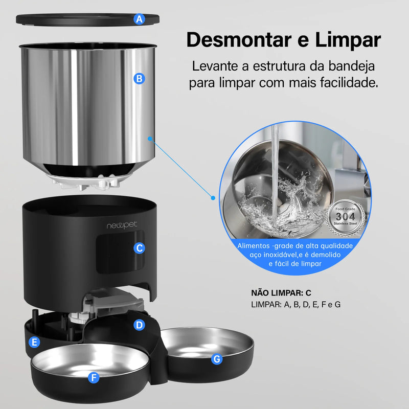 Dispensador de Comida para Gatos com Controle de APP Tigelas Duplas de Aço Inoxidável Alarmes de Comida Baixa