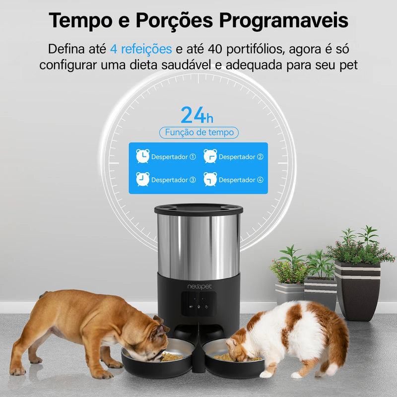 Dispensador de Comida para Gatos com Controle de APP Tigelas Duplas de Aço Inoxidável Alarmes de Comida Baixa