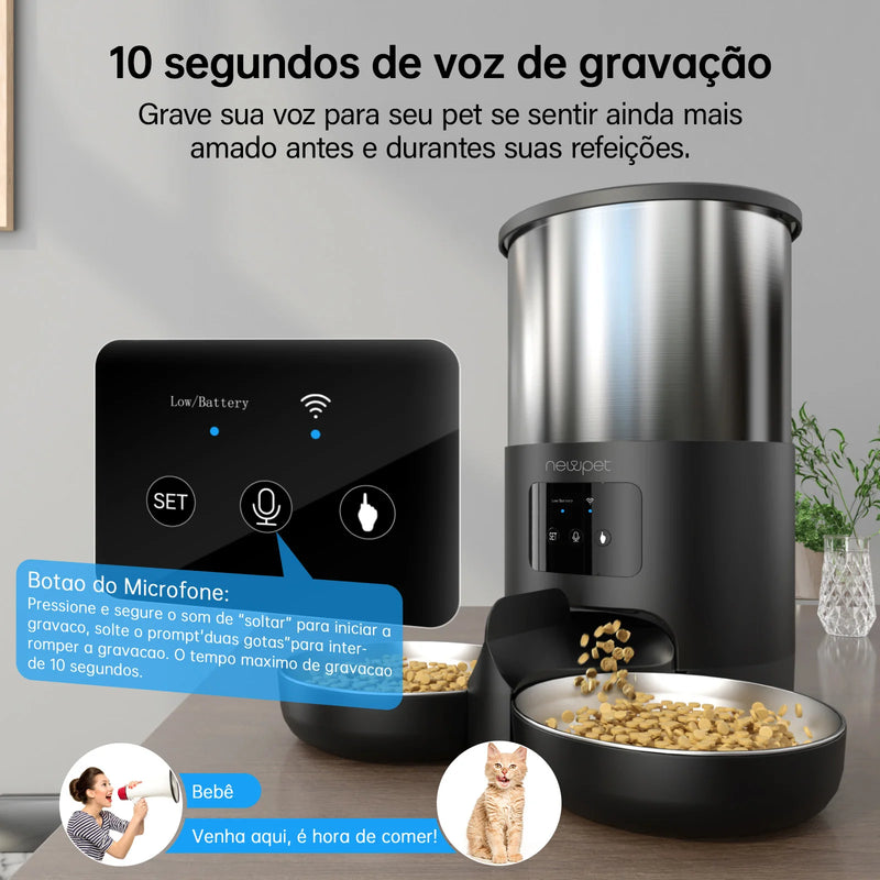 Dispensador de Comida para Gatos com Controle de APP Tigelas Duplas de Aço Inoxidável Alarmes de Comida Baixa