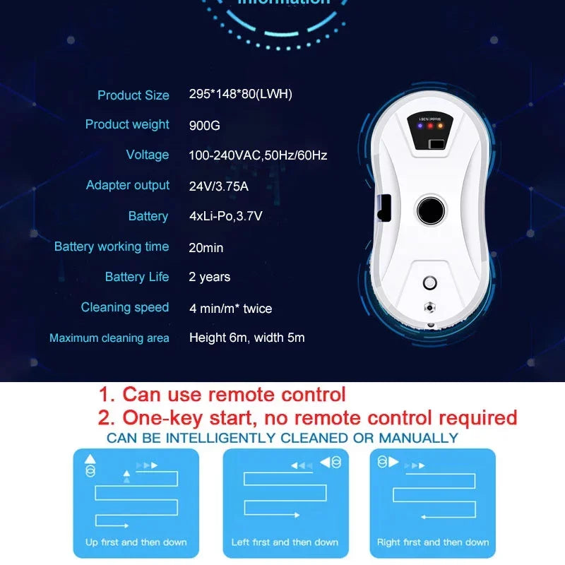 Robô de limpeza inteligente para casa com função de pulverização automática de água, máquina de limpeza de vidro magnética antiqueda